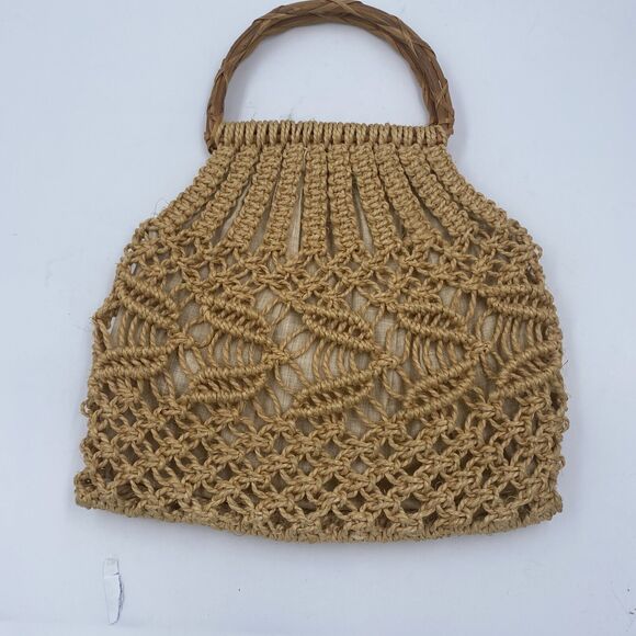 Unbranded Handbags - Woman crochet beige wooden handle beach tote Lined shoulder bag